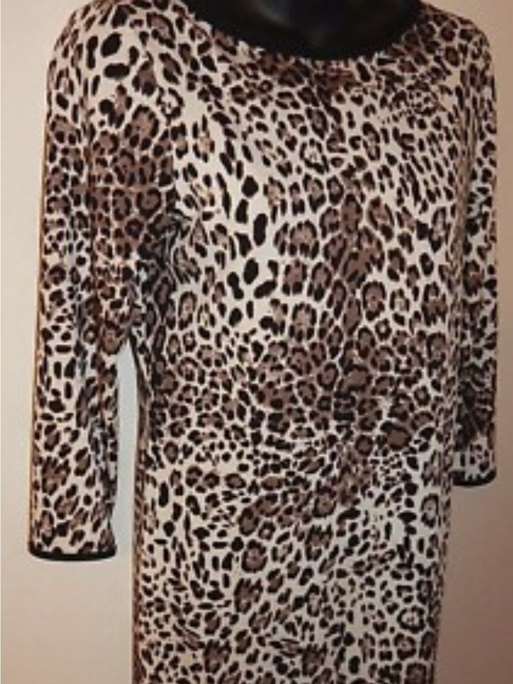 NWT-Leopard-Print Long Sleeve Shift Dress with Black Trim - Unknown Brand